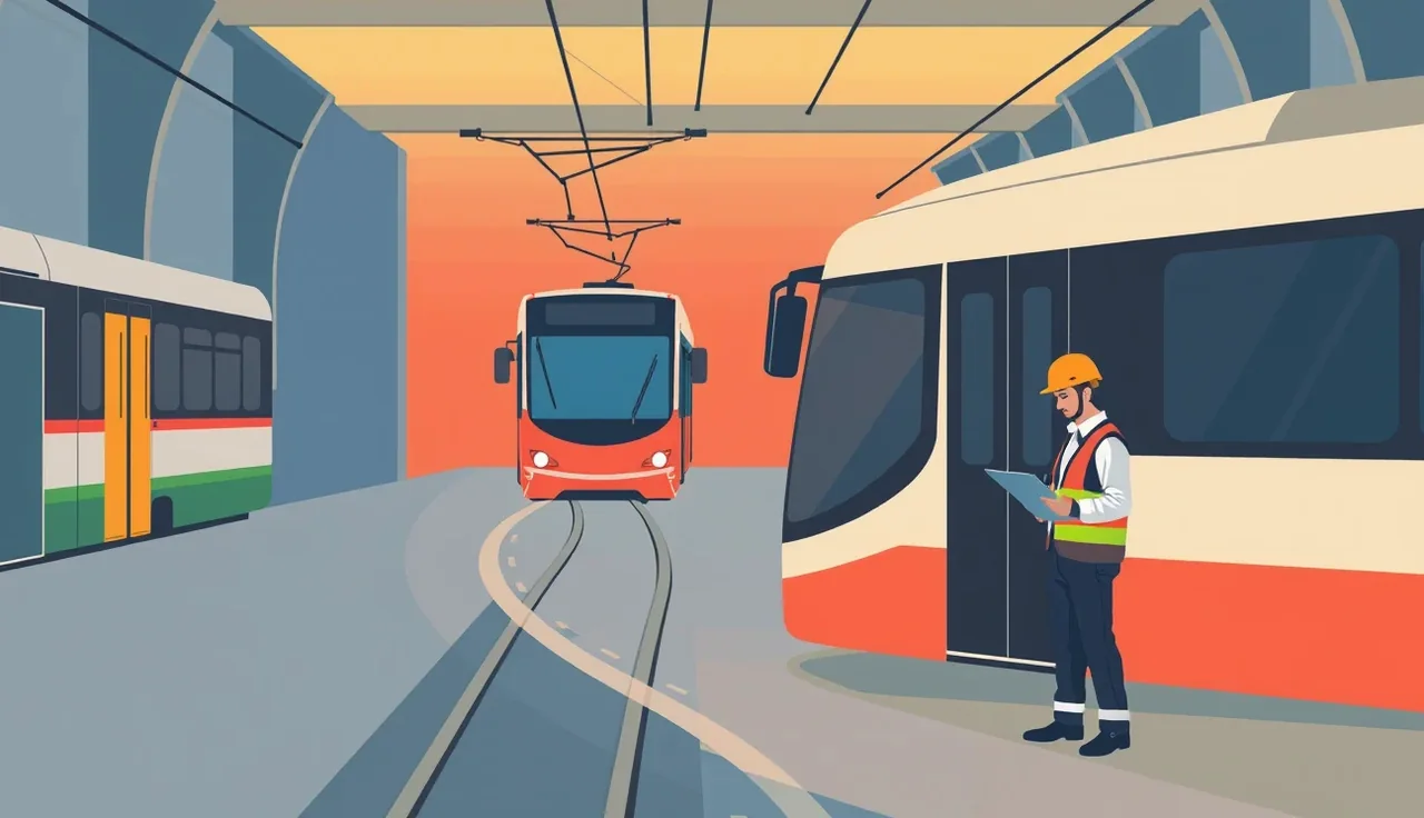 Pohľad z kabíny vodiča električky na koľajovú trať a trolejové vedenie v centre mesta