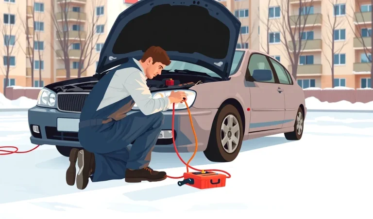 Žlté odťahové vozidlo nakladá nepojazdný osobný automobil na diaľničnom odpočívadle