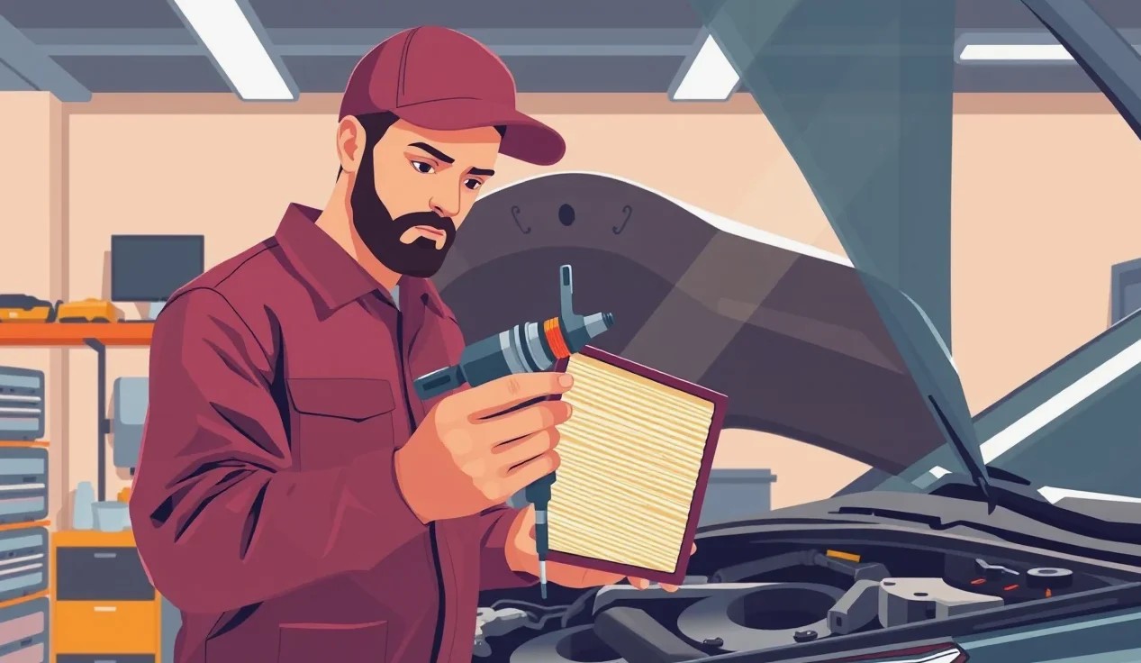 Mechanik v autoservise demontuje palivový filter znečistený nesprávnym palivom