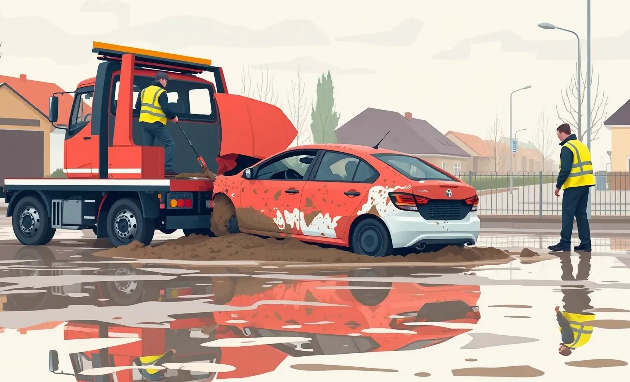 Osobné auto zaparkované na ulici čiastočne zatopené kalnou vodou po prívalovom daždi