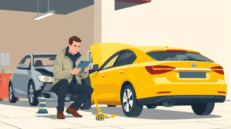 Technik v autoservise kontroluje rozsah deformácie karosérie havarovaného vozidla