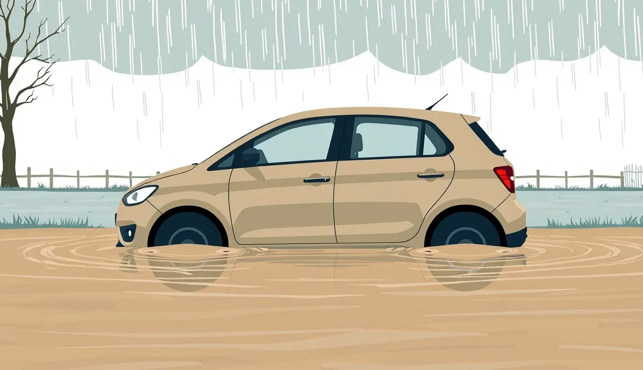 Osobný automobil stojaci vo vysokej vode na zaplavenej mestskej ulici