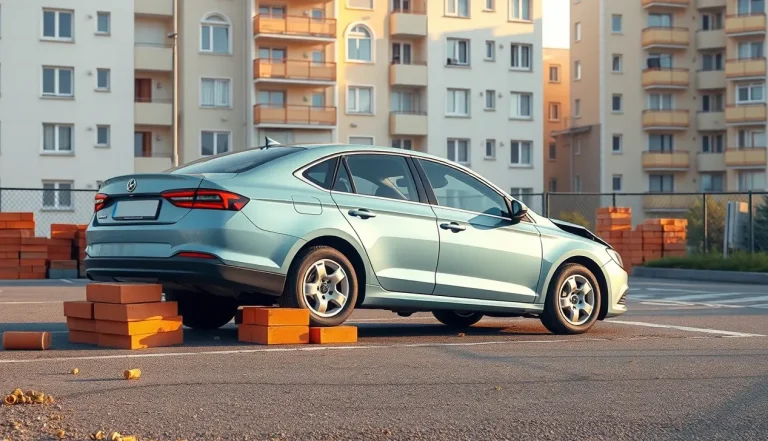 Osobné auto na parkovisku podložené tvárnicami po demontáži diskov