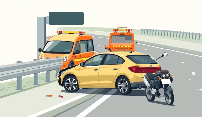 Žlté asistenčné odťahové vozidlo nakladá poškodený osobný automobil po kolízii na krajnici cesty
