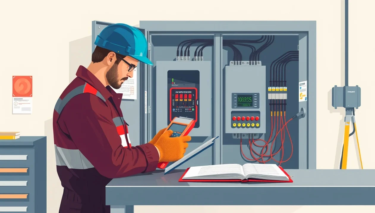 Servisný technik kontroluje elektrický rozvádzač a výrobné zariadenie