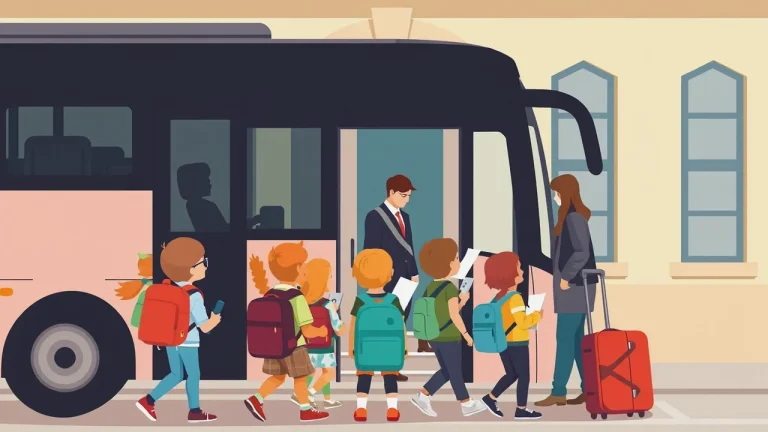 Učiteľka kontroluje zoznam žiakov pred nástupom do autobusu na školský zájazd