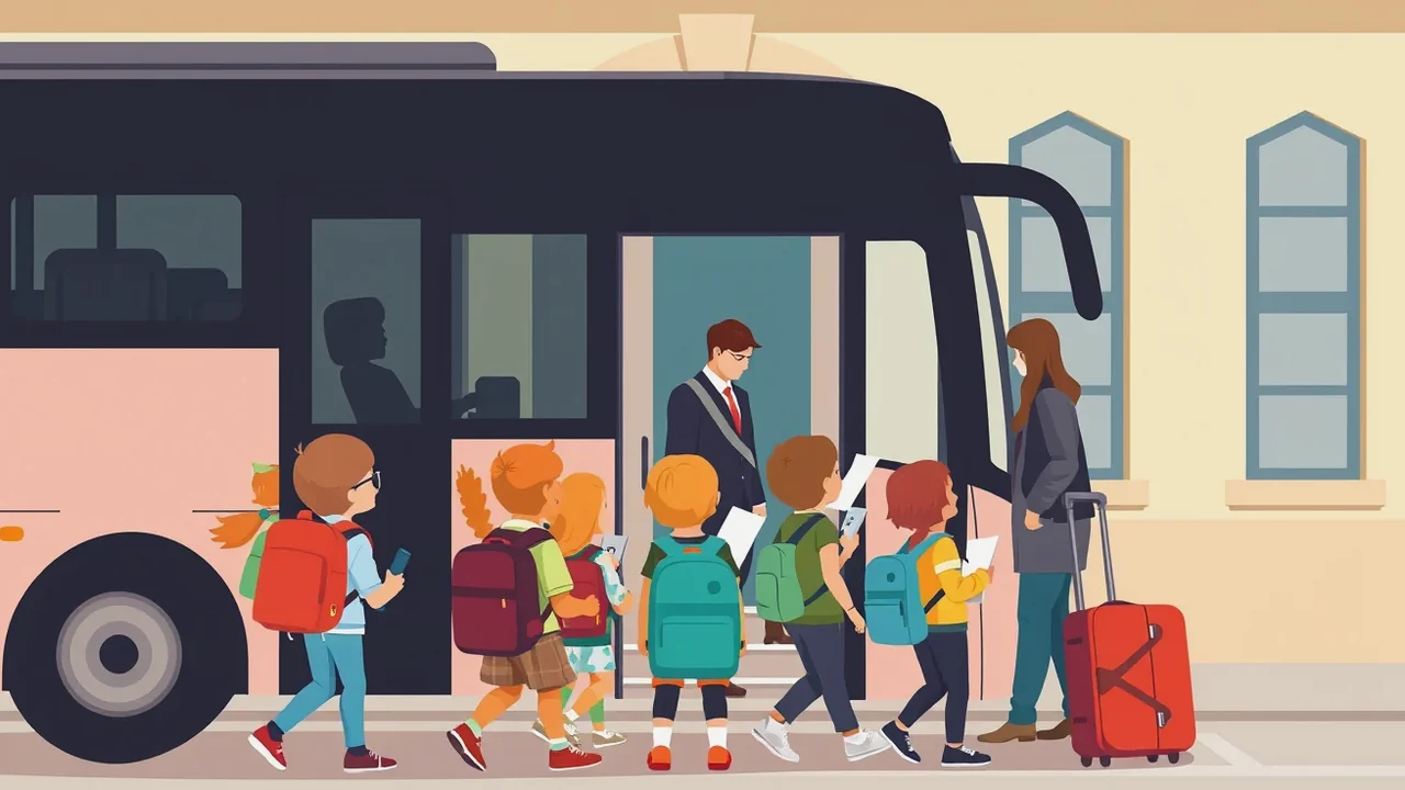 Učiteľka kontroluje zoznam žiakov pred nástupom do autobusu na školský zájazd