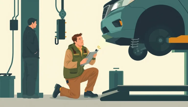 Mechanik kontroluje poškodené rameno a zavesenie kolesa na zdviháku v autoservise