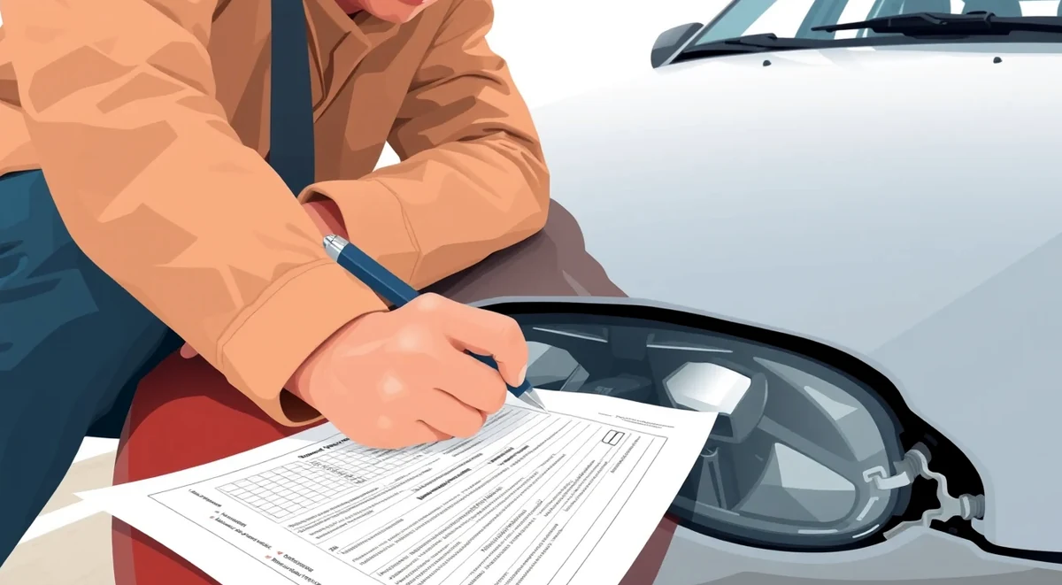 Vodič vypĺňa európsky záznam o dopravnej nehode pri poškodenom automobile