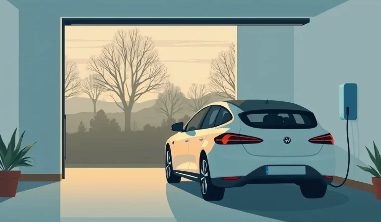 Nástenná nabíjacia stanica typu wallbox s pripojeným káblom k elektromobilu v modernej garáži