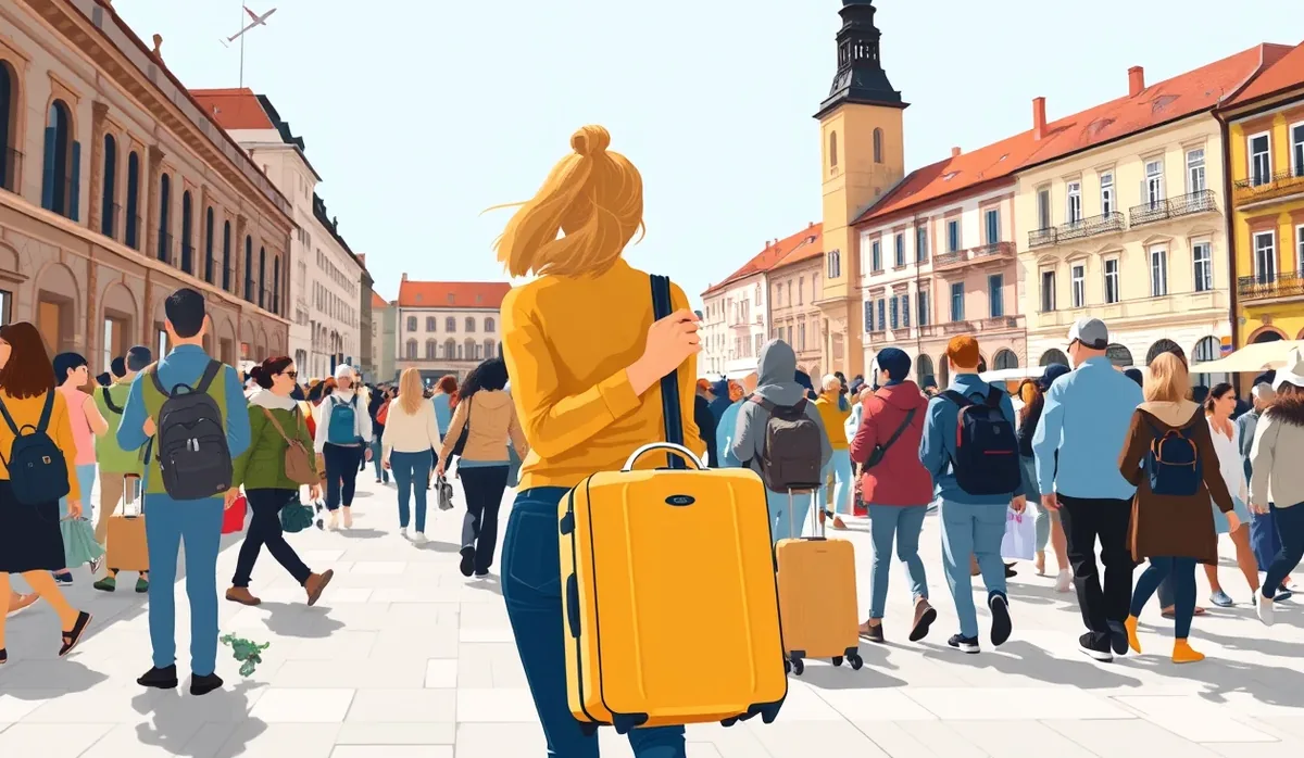 Rodina s malými deťmi a kuframi prechádza cez kamenný most nad benátskym kanálom