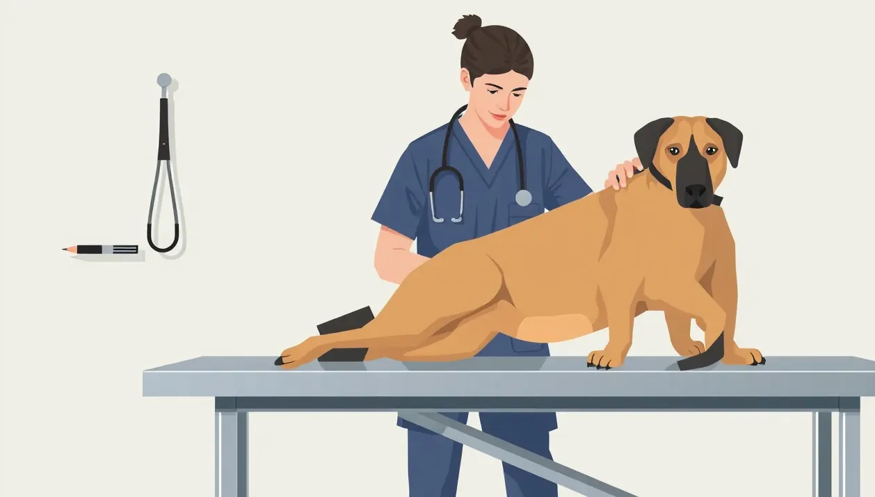 Veterinárny lekár na klinike vyšetruje zranenú labku vodiaceho psa